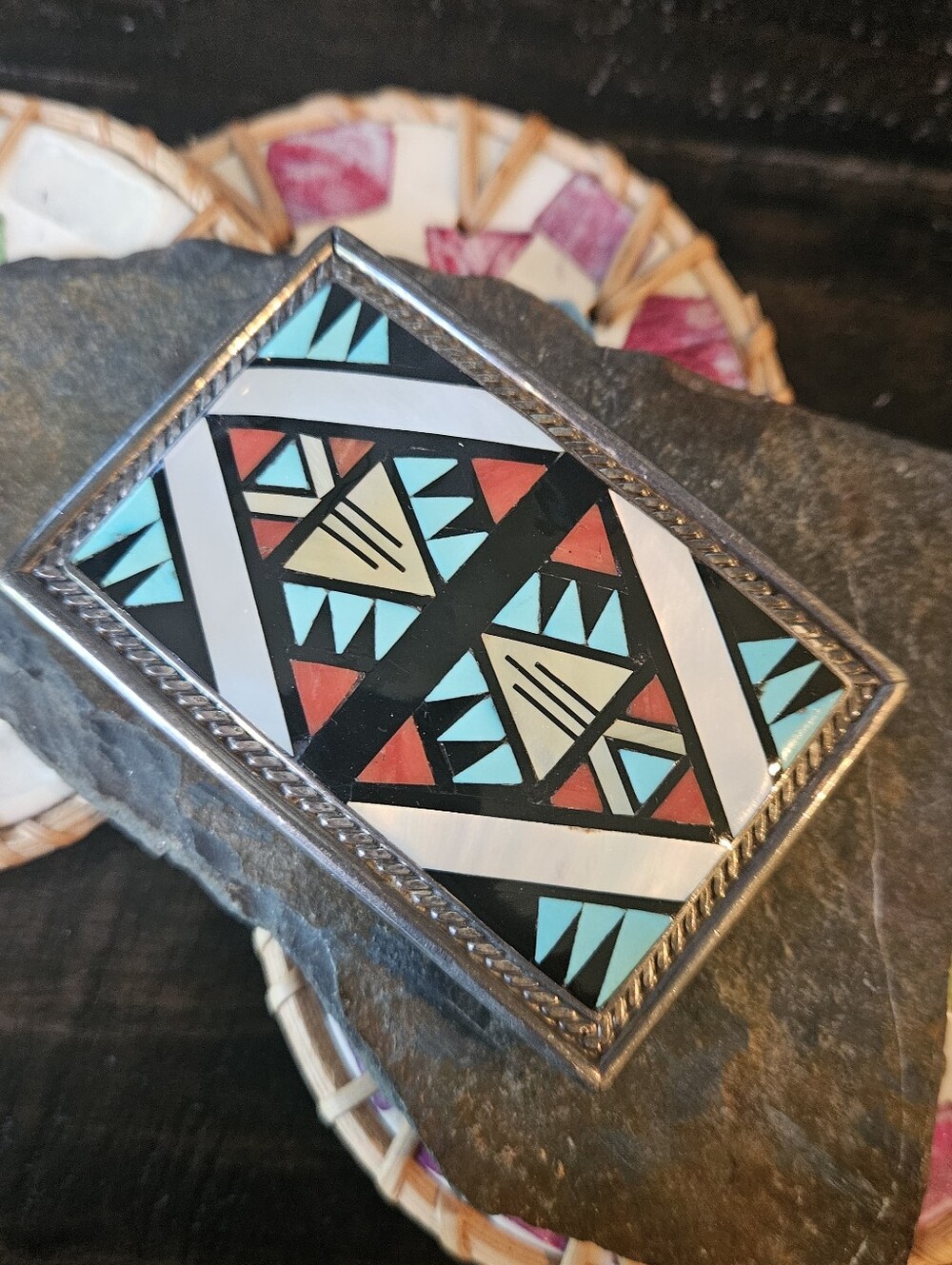 Vintage Native American Sterling Silver Inlay Stone Belt Buckle